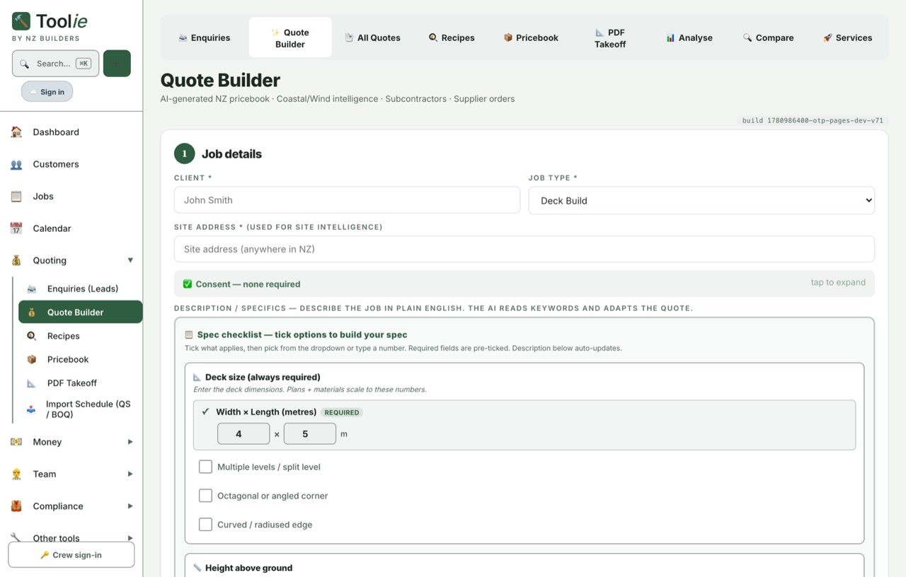 Toolie Quote Builder — NZ pricebook quote with coastal and wind site intelligence